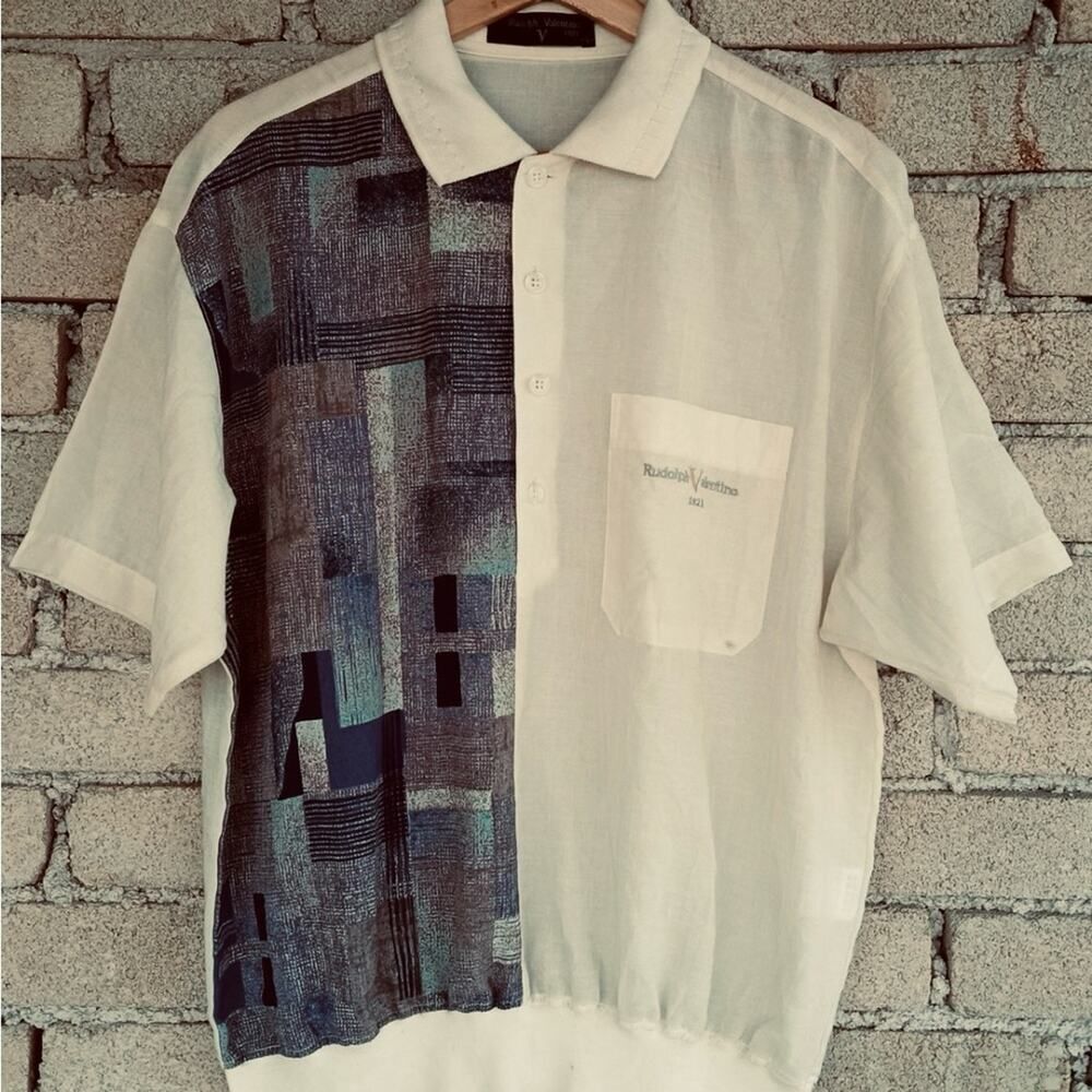 Rudolph Valentino Shirt - Vintage - Y2K Short Sleeve - Marble Blue Cream - XL